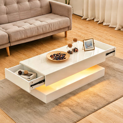 Modern High Gloss Coffee Table LED with 2 Drawer Storage for Living Room