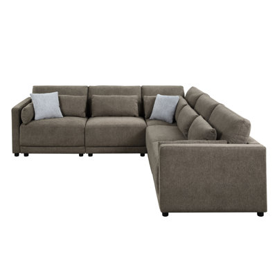 Canapé modulaire 5 pièces en lin brun, chaise sans accoudoirs l 33 po, lin design avec 5 pièces, structure intérieure en bois, élégant
