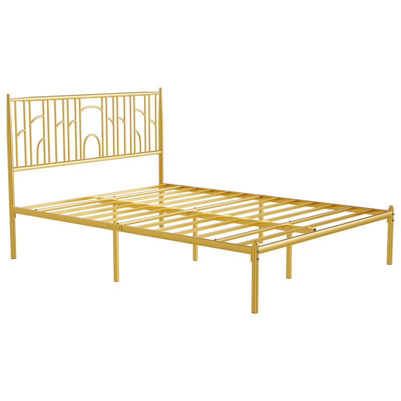 Gold Queen Size Metal Platform Bed Frame with Art Deco Headboard