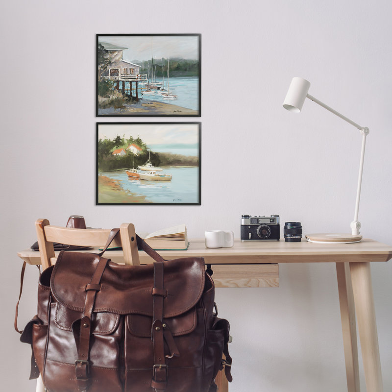 «Boat Lakeshore Landscape», ensemble de 2 giclées par Jane Slivka, Giclée encadrée noir minuit, H 11 po x l 14 po