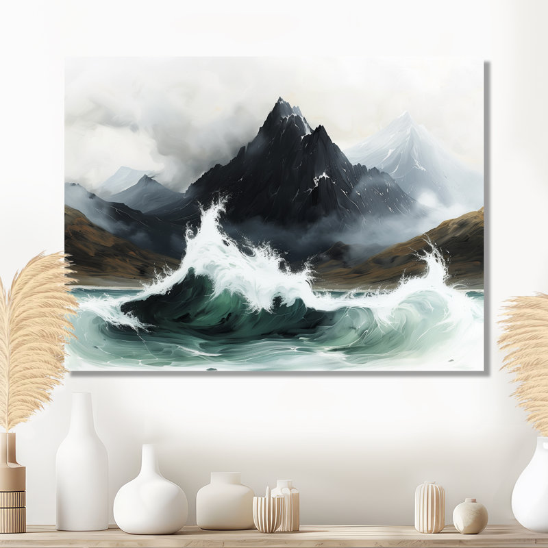 Paysage de montagnes orageuses III - paysage mural, salon, Cadre simple noir, H 12 po x l 20 po x P 1 po
