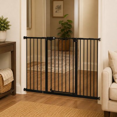 Barrière de sécurité pour animaux en métal noire très haute pression de 30 po avec porte de passage; Comprend des rallonges pour différentes largeurs; Barrière polyvalente pour les escaliers et les portes