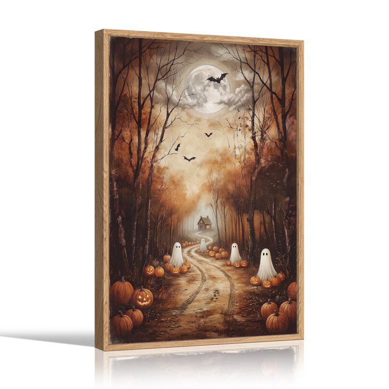 Fantômes blancs et citrouilles dans une forêt brumeuse, tableau sur toile pour l'Halloween, H 36 po x l 24 po