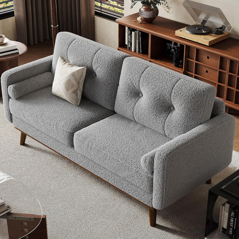 65" Mid Century Modern Loveseat Sofa For Small Spaces, 2 Seater Boucle Upholstered Couch With Button Tufted Design & Wood Legs, Small Couch For Living Room, Bedroom, Office, Apartment, Grey