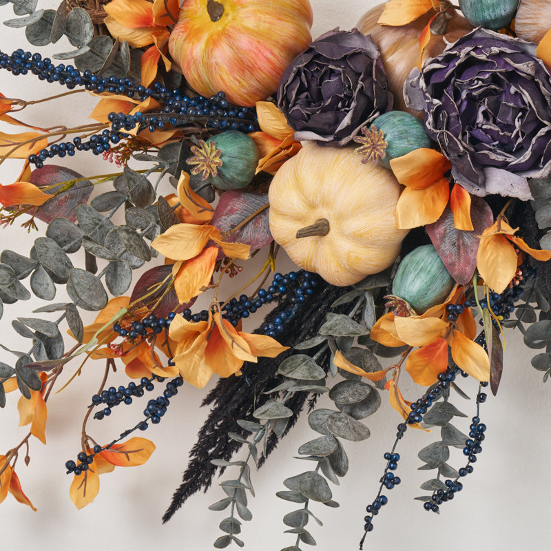 Orange Neutral Pumpkins, Dried Look Peony, Eucalyptus & Orange Leaf Asymmetric Front Door Fall Wreath