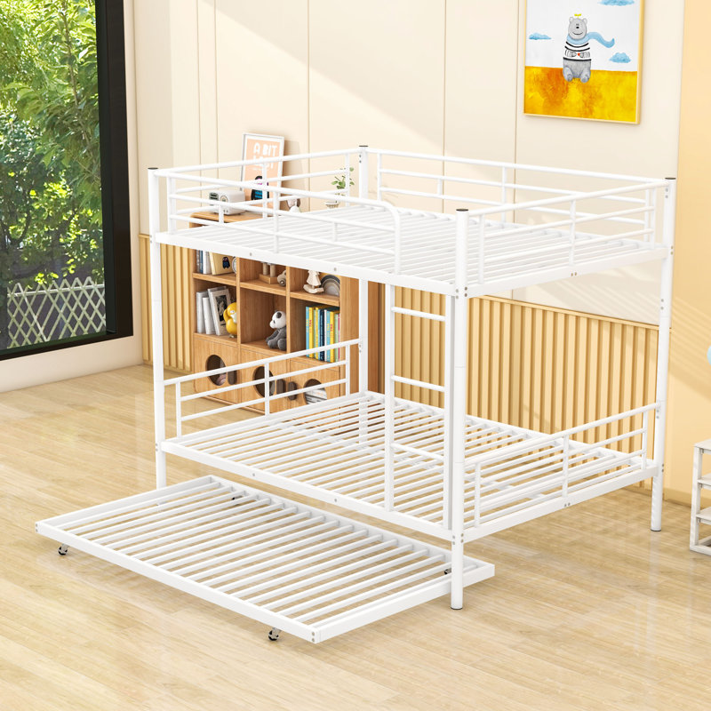 Lit superposé en métal avec lit gigogne simple et garde-corps, peut être divisé en 2 lits individuels, Blanc