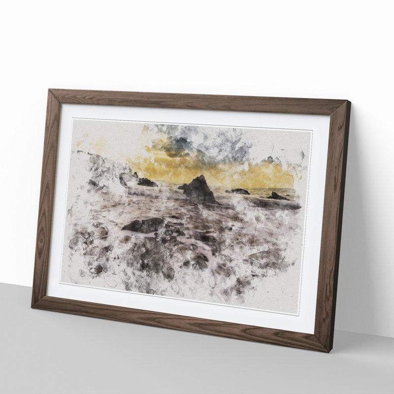 Beach and Rocks Watercolour - Picture Frame Graphic Art, Walnut, 27cm H x 36cm W x 2cm D