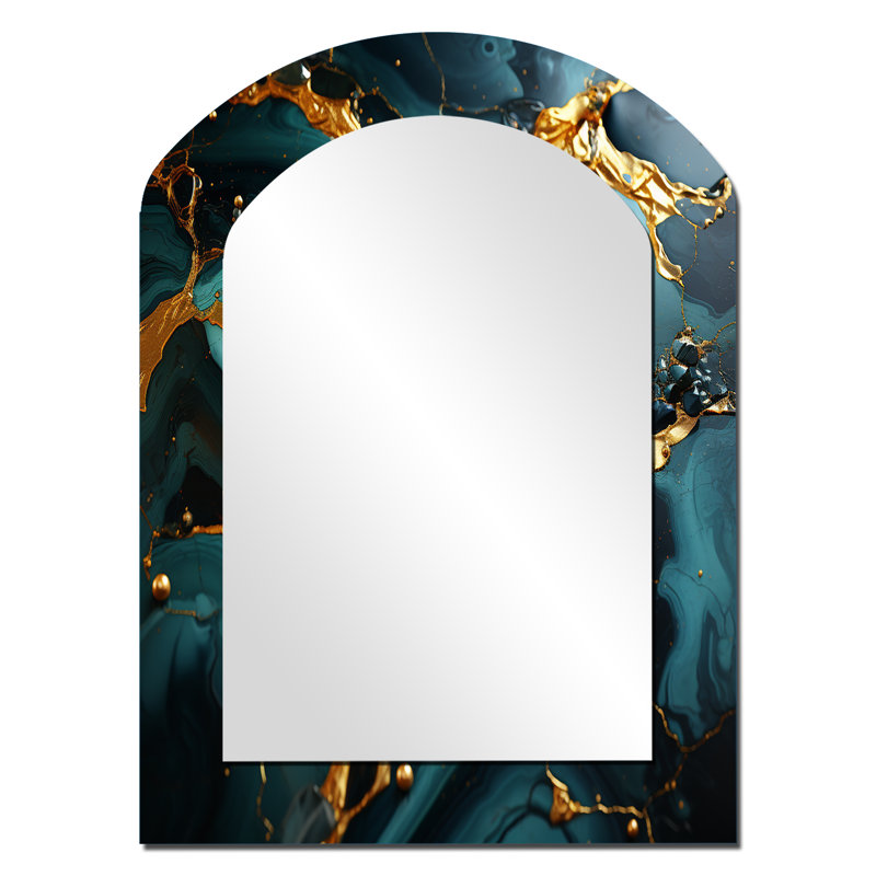 Green and Gold topaz Agate Granite II - Abstract Asymmetrical Decorative Mirror, Gold Arch Wall Mirror, Printed Metal Art
