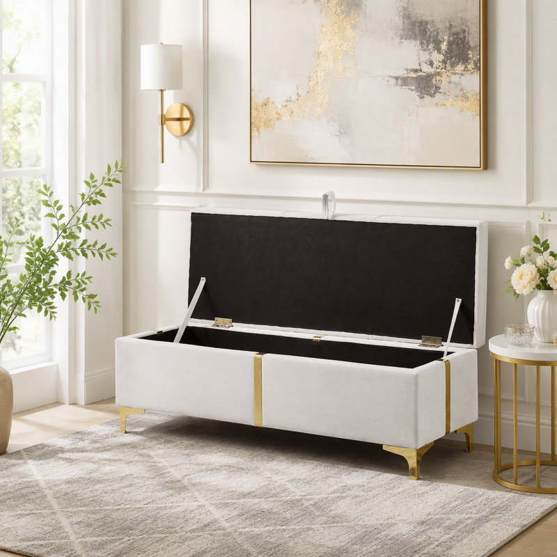 Pouf de rangement élégant avec pieds en métal, Beige+Velvet