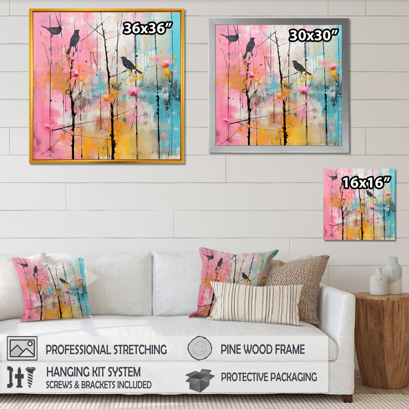 Oiseau sur palette rose et bleue - Art mural, Blanc, H 16 po x l 16 po