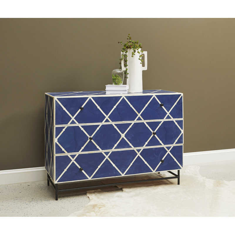 Navy Blue and White Mango Veneer 3-Drawer Accent Chest