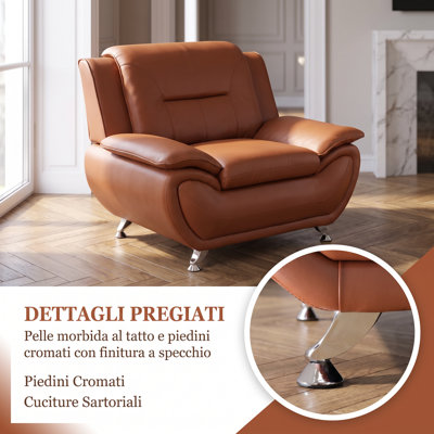 Fauteuil d'appoint 46 po moderne en similicuir brun, structure en bois massif en mousse à mémoire de forme haute densité
