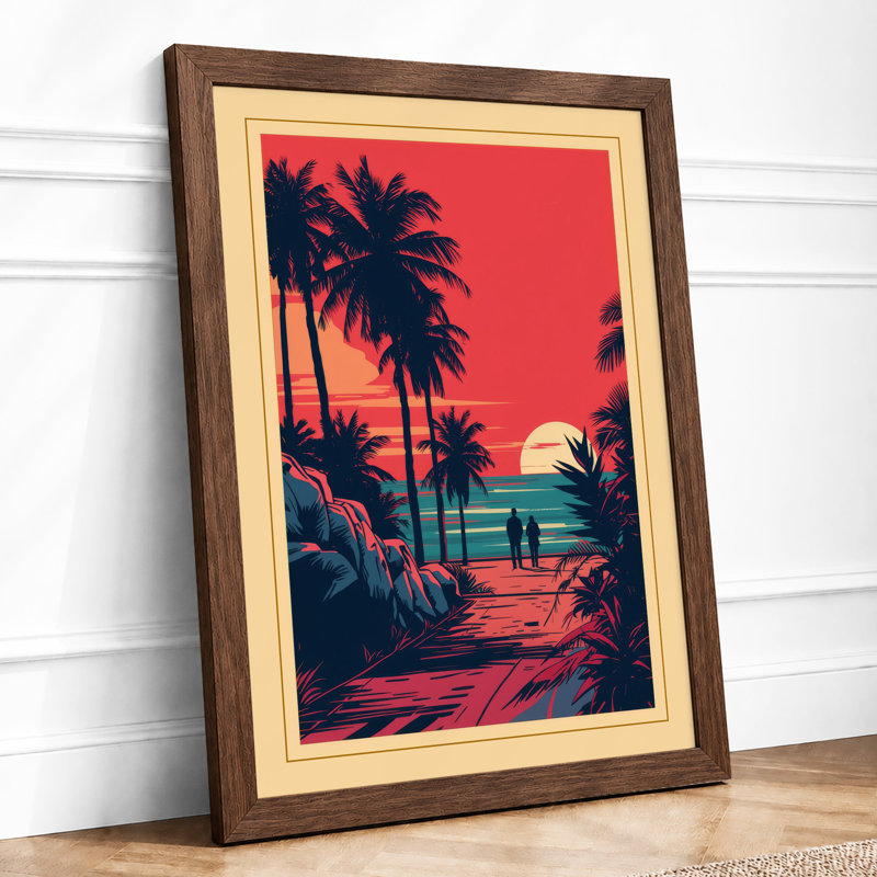 Tropical Sunset Palms Retro - Framed Print, Walnut, A3 - 42.0 x 29.7 cm
