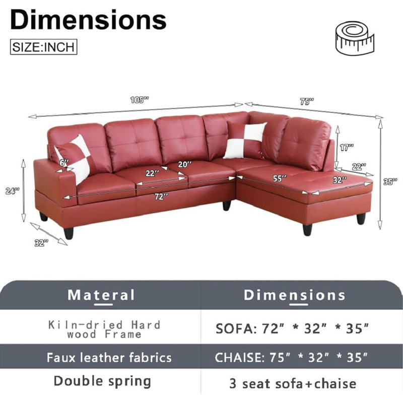 Bawan Faux Leather L-Shaped Sectional, Right Hand Facing, Red Faux Leather