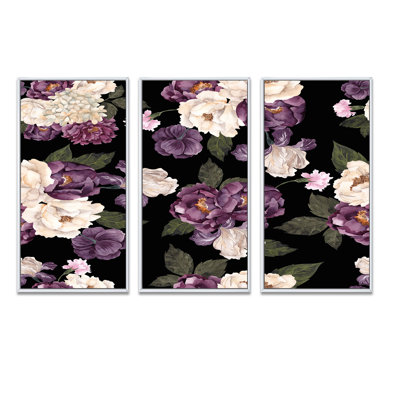 Fleurs rétro beige et mauve II - ensemble d'art mural sur toile traditionnel encadré de 3