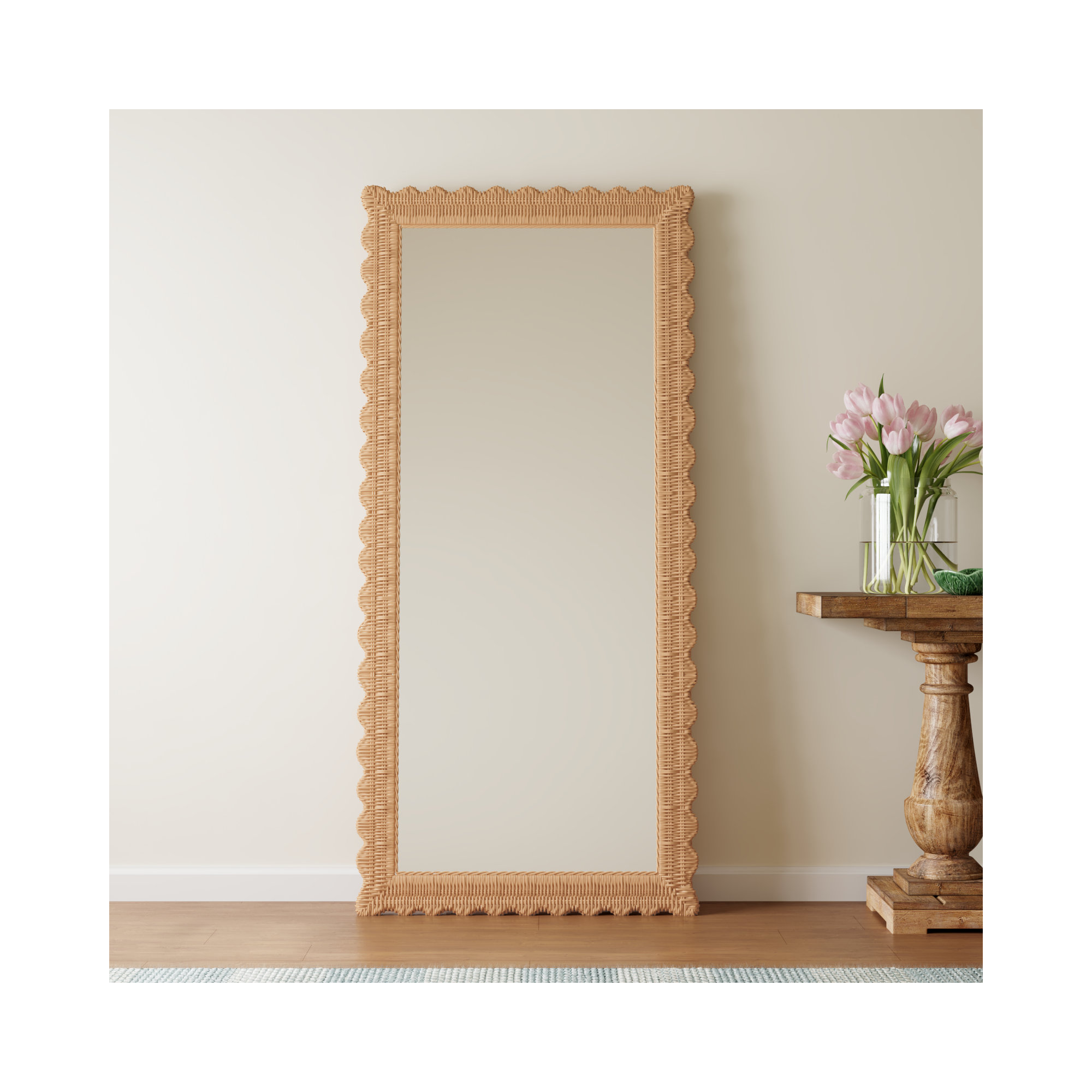 Lacie Scalloped Rattan Floor Mirror, Natural