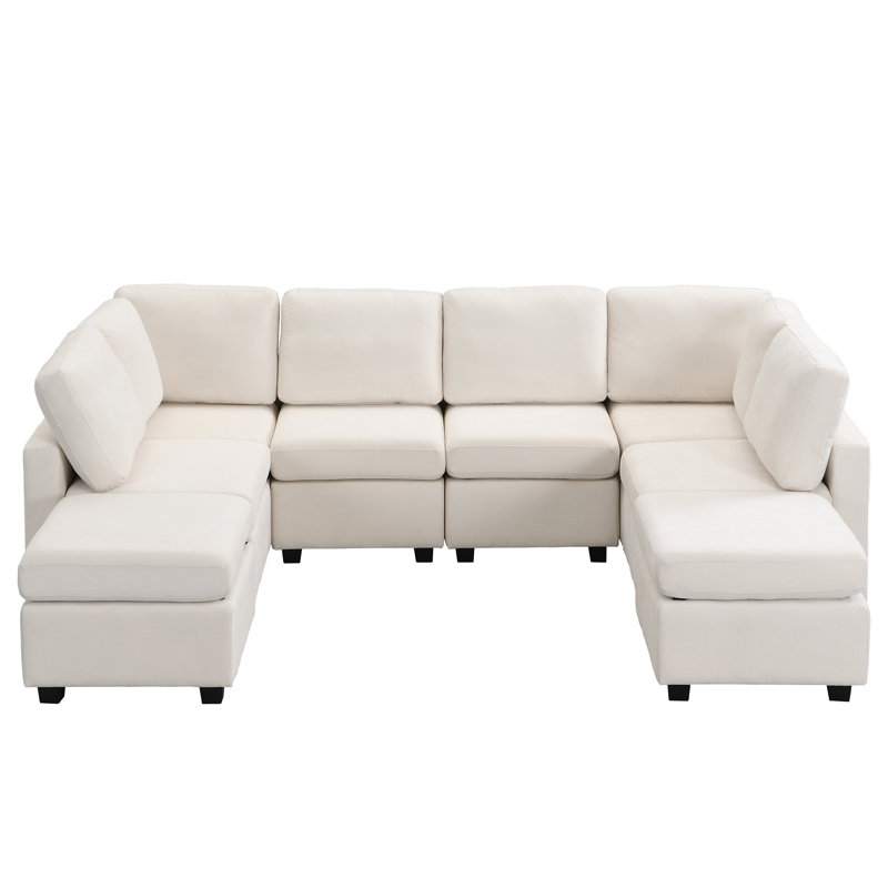 Sectional Sofa Couch Sofa Bed U-Shaped Sofa With Movable Ottoman, Beige Chenille