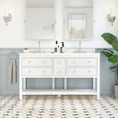 60" Solid Wood Double Bathroom Vanity With Quartz Top, Fully Assembled