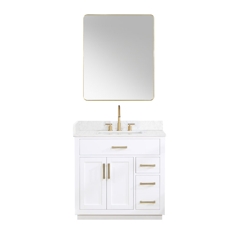 Ensemble de meuble-lavabo simple 36 po avec miroir Gavino, Or, Blanc