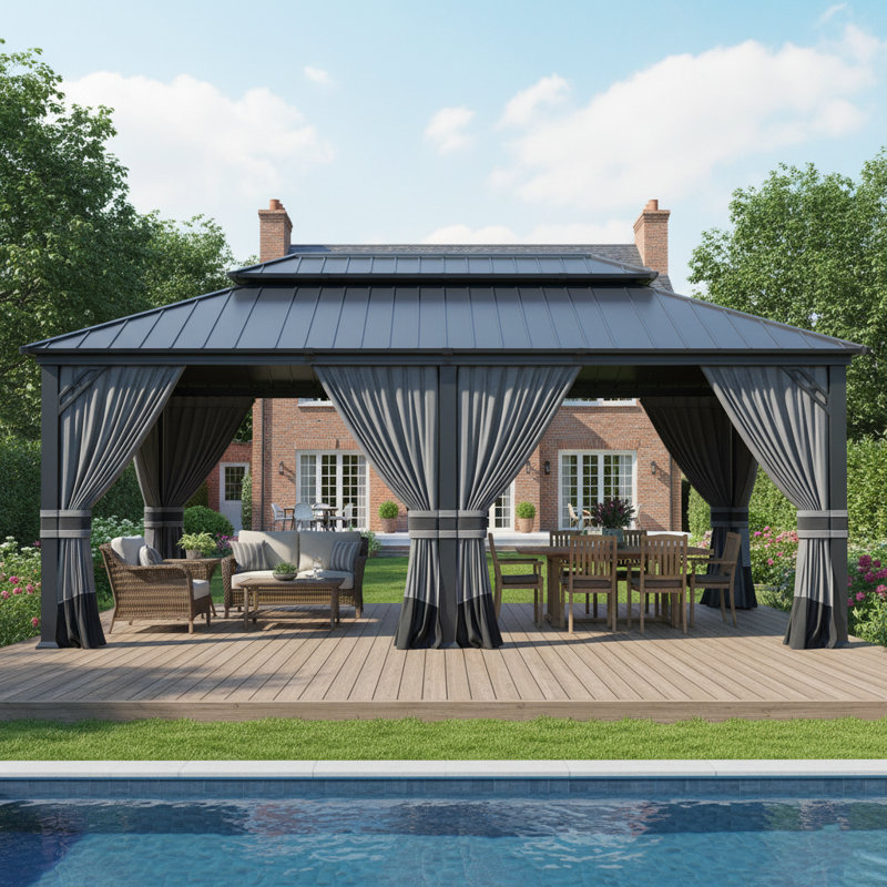 12' X20' Hardtop Pergola Steel Patio Gazebo With Mosquito Netting And Ventilated Roof