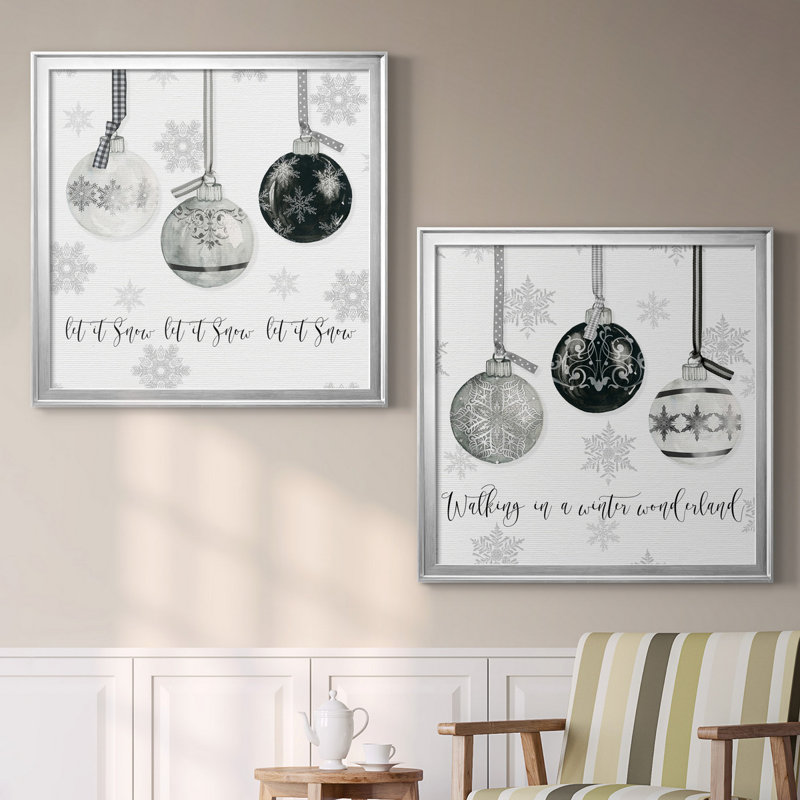 «Let It Snow Ornaments», ensemble de 2 reproductions d'art, Toile avec cadre argenté, Pas de tapis