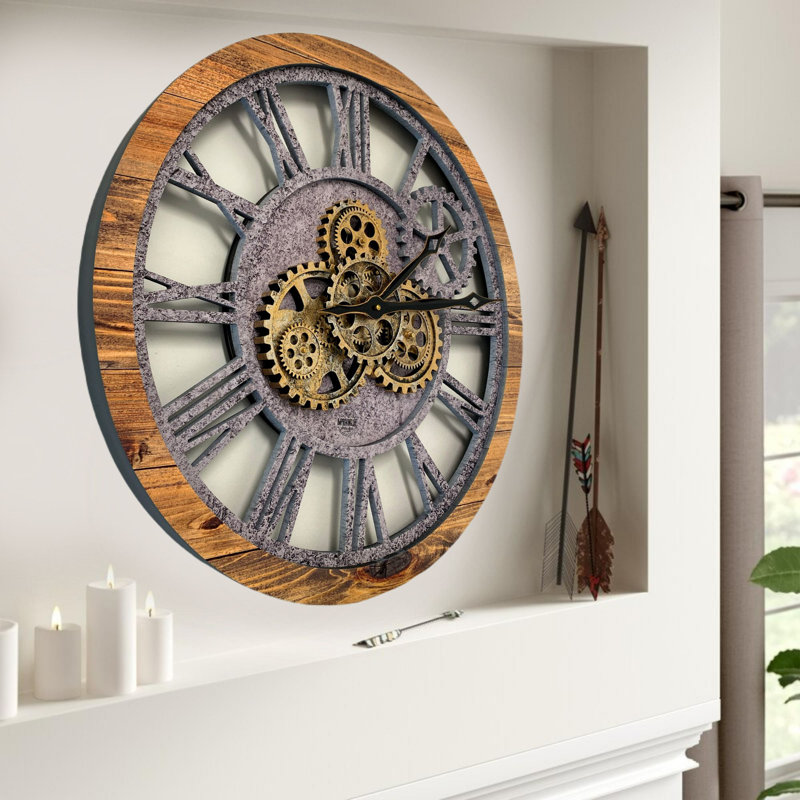 24" Rustic Wood and Stone Oversized Wall Clock with Moving Gears