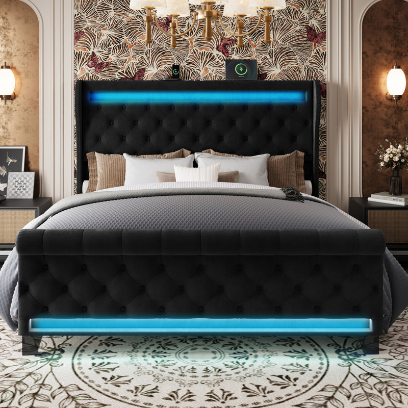 Tufted Velvet Platform Wingback Bed With Light, King, Black