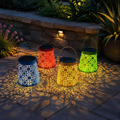 These 4pack small waterproof solar hanging lanterns are made of metal with decorative LED lighting for yards, patios, lawns, tabletops, pathways, landscapes, or gardens and are suitable gifts for women. For outdoor use.