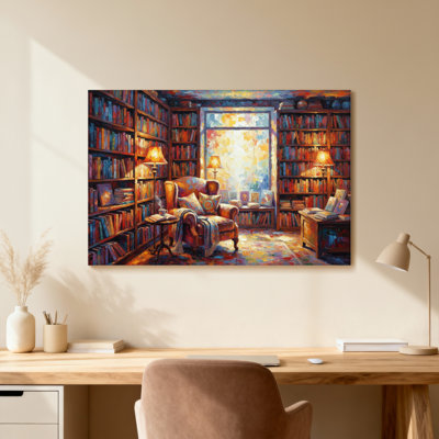 Scenic &Cityscapes Cozy Library Reading Nook With Bookshelves And Warm Lighting
