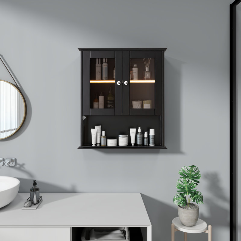 Yanetzi Bathroom Wall Cabinet with Glass Doors  Fully Assembled, Black