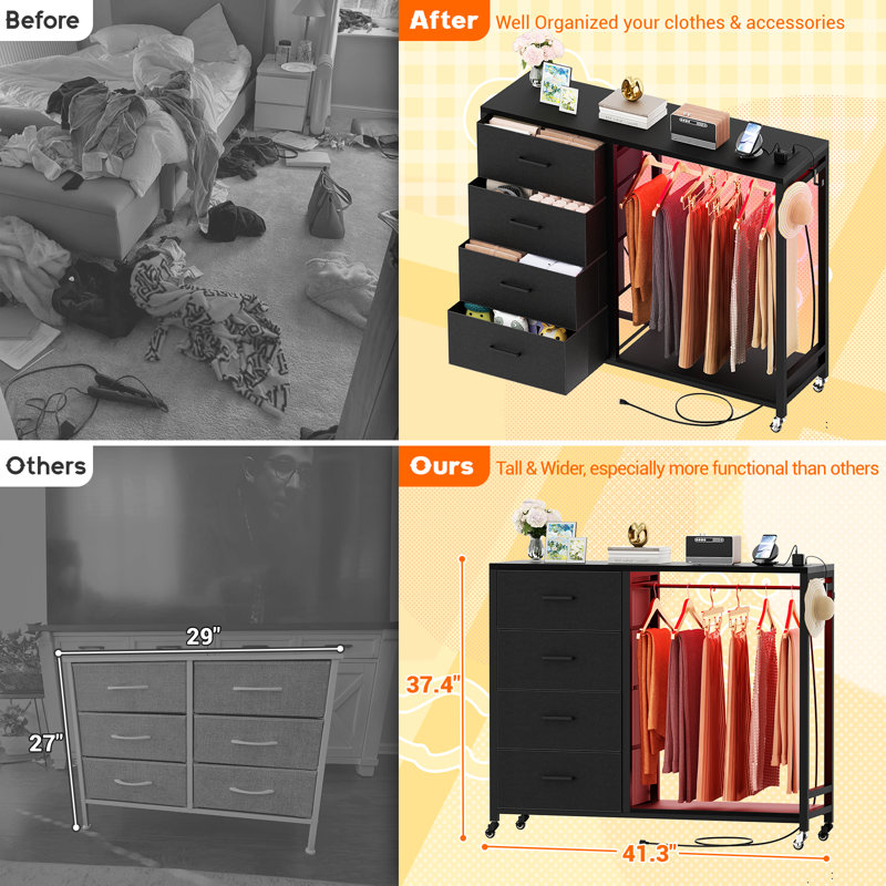 Commode 4 tiroirs Nasin avec support à vêtements, station de charge et lumières DEL, Noir, noir, noir, noir