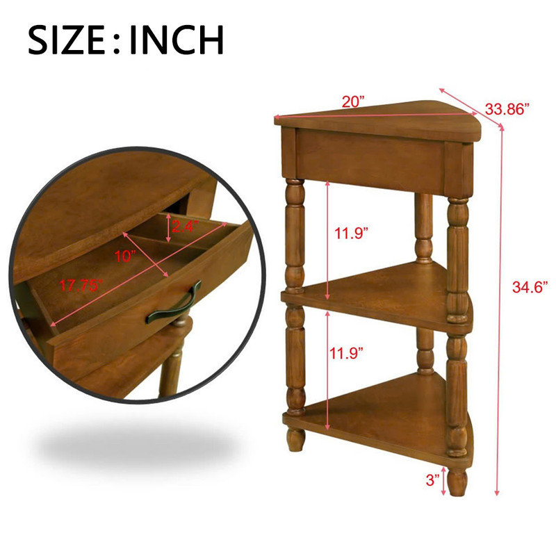 Multi-Function 33.8'' Small Triangle Corner Table,Sturdy and Durable, 3 Tier End Corner Table with Solid Wood Legs,Plastic Pads for Small Spaces/ Living Room/Balcony/Bedroom/Corridor