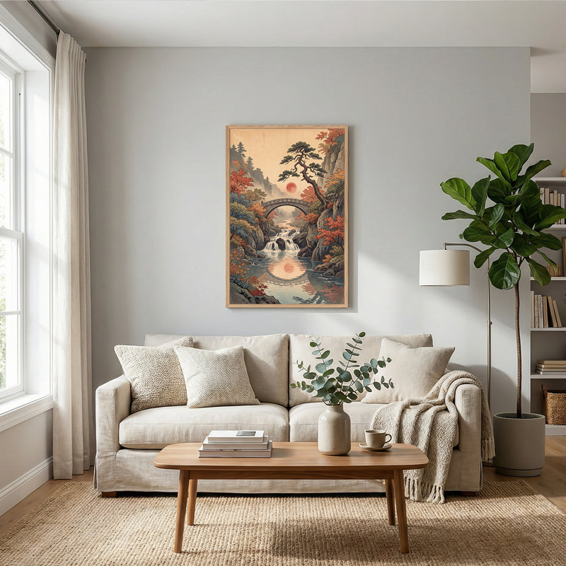 «Stone Arch Bridge Over Waterfall in Autumn Forest», art mural sur toile, H 48 po x l 32 po