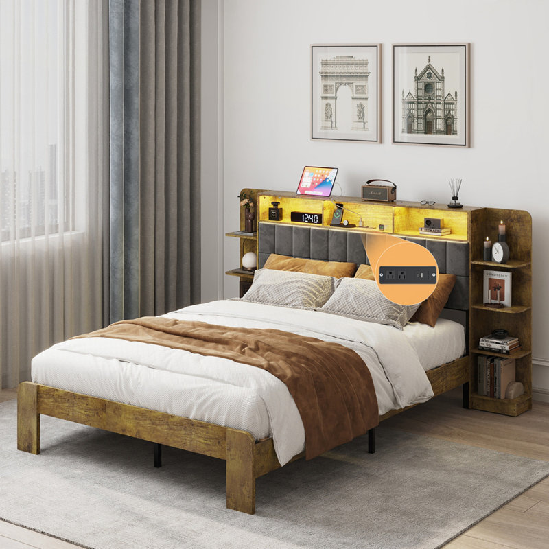 Platform Bed with Storage and Linen Headboard with Bookcase Shelves