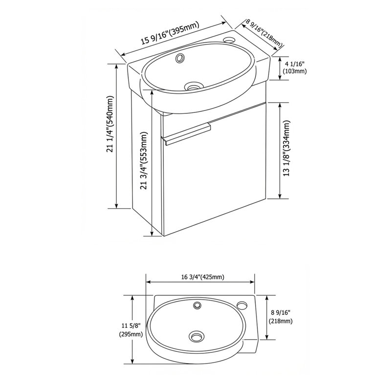 Meuble-lavabo mural simple 16 po avec lavabo en céramique, Blanc