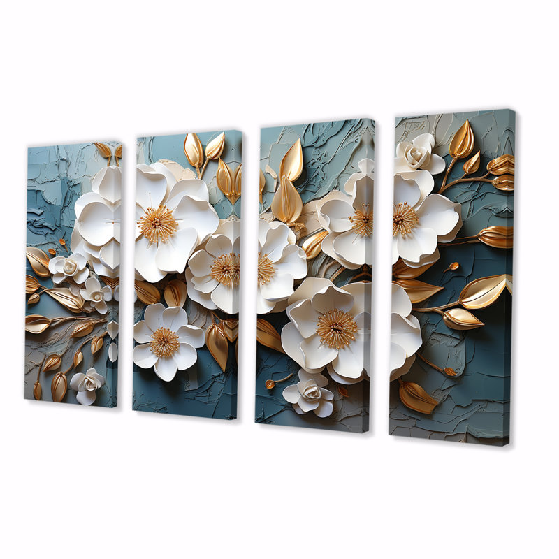 Ensemble de 4 décorations murales blanches et dorées avec fleurs de printemps élégantes, H 28 po x l 48 po