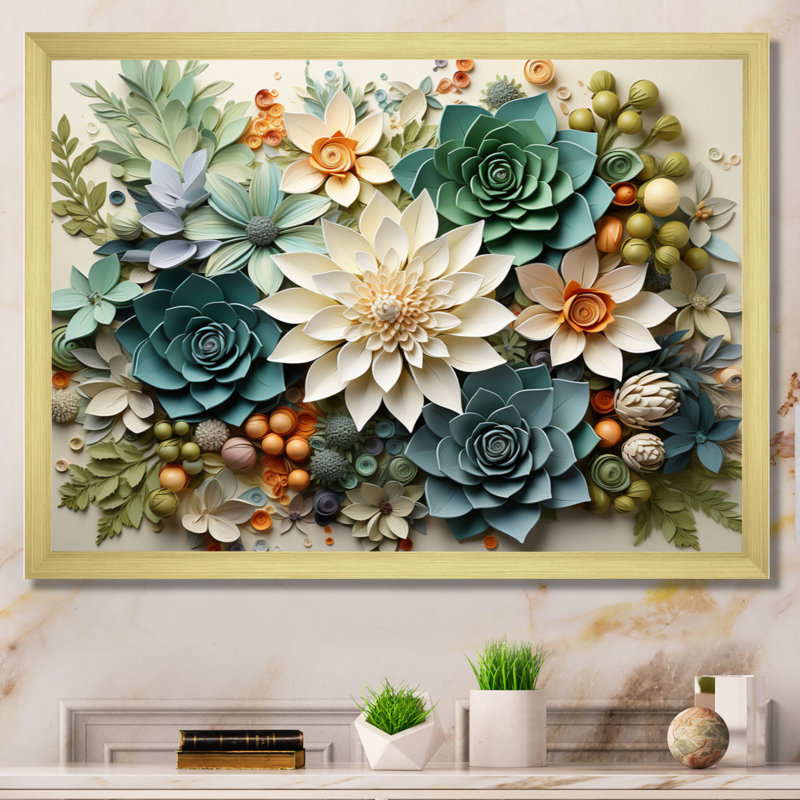 Plantes vertes succulentes sereines - Art mural, H 34 po x l 44 po, Cadre photo unique, Doré