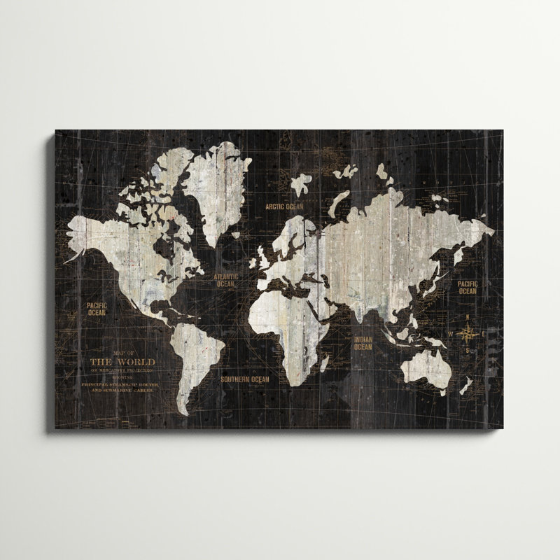 Carte du vieux monde - noir, H 32 po x l 48 po, Non, Toile tendue