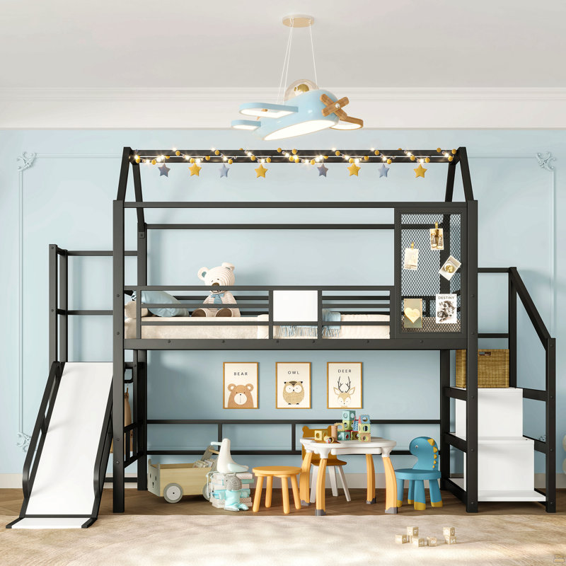Lit mezzanine simple avec glissade et escalier, lit de jeu en métal avec tablettes de rangement, toit en forme de maison et conception silencieuse