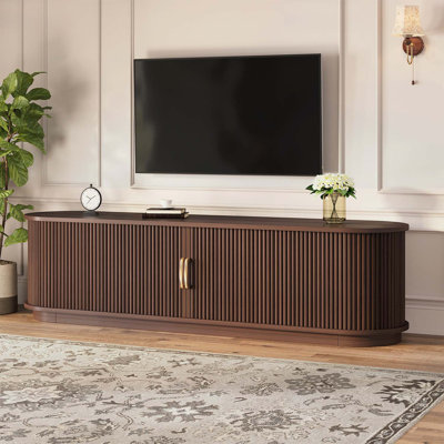 Wood Grain Media Console Table with Cable Management and Sliding Wood Slatted Doors for Living Room,Bedroom