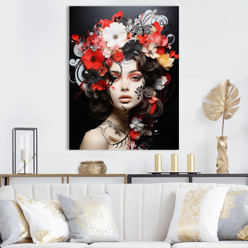 Noir, rouge, floral, mode, femme, H 32 po x l 16 po x P 1 po, Toile tendue
