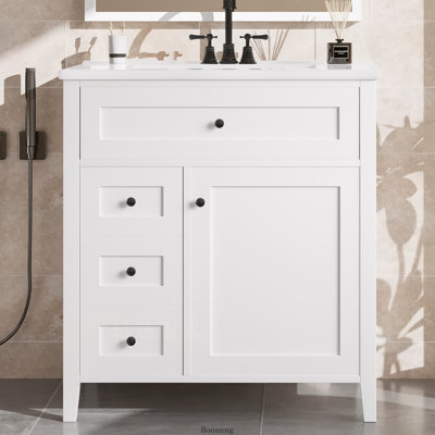 Meuble-lavabo autoportant de 30 po avec comptoir d'évier, panneau de fibres à densité moyenne et bois d'hévéa avec 3 tiroirs et tablette réglable, blanc