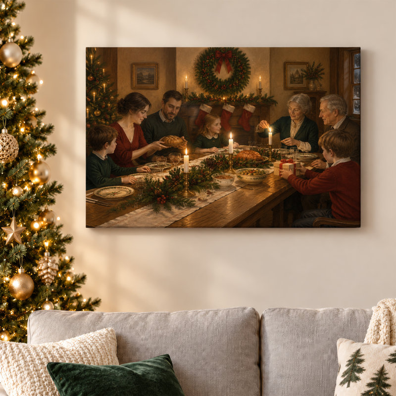 " Multi Generational Family Dinner Candlelit Room Christmas " Painting, H 12 po x l 18 po