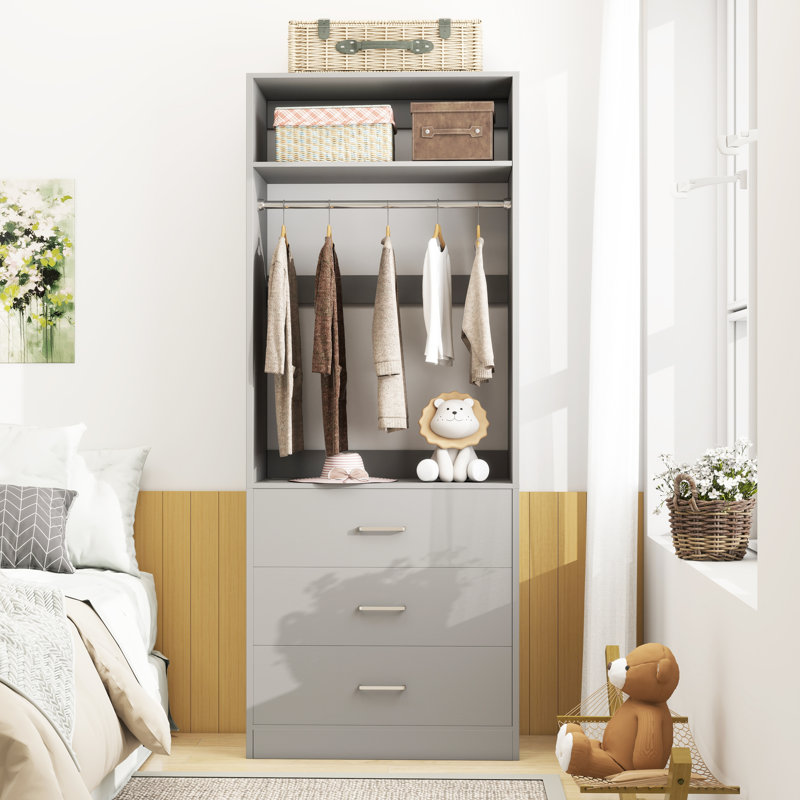 Freestanding Small 24" Closet System With 3 Wood Drawers, Gray, 80" H x 24" W x 15" D