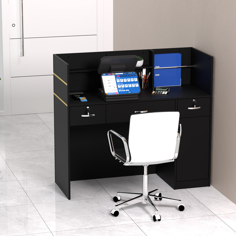 Reception Desk with Counter, Modern Front Table Equipped Lockers & Storage Shelves, 48-inch Checkout Counter with DIY Stripe for Lobbies, Salons, Retail, Home Offices, Reception Room