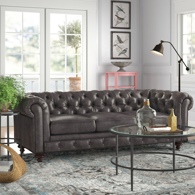 Sirvon 95" Genuine Leather Rolled Arm Chesterfield Sofa, Distressed Dark Brown Genuine Leather