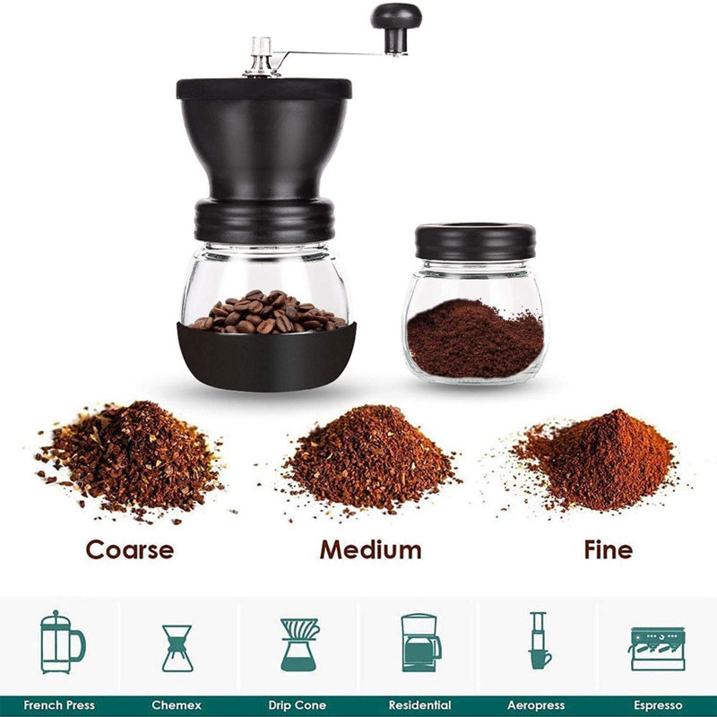 Moulin à café manuel avec meules en céramique, moulin à café à main petit avec 2 bocaux en verre (11 oz par pot) Poignée en acier inoxydable pour café filtre, espresso, presse française, brassage turc