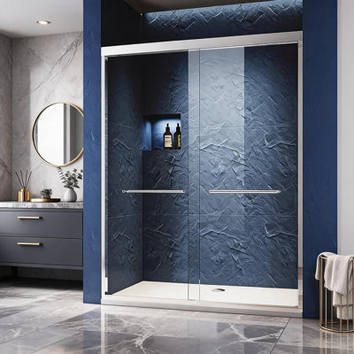 50 inch to 54 inch Brushed Nickel Semi Frameless Sliding Shower Glass Door with Clear Tempered Glass and Stainless Steel Handles