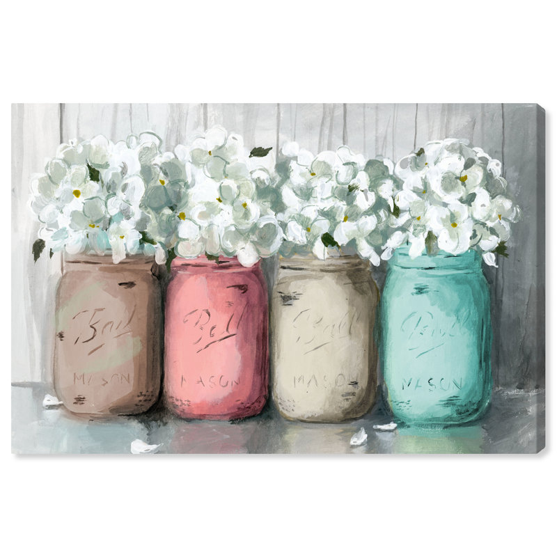 Floral and botanical Mason Jar Turquoise Florals - Reproduction de peinture sur toile tendue, H 24 po x l 36 po x P 0,8 po