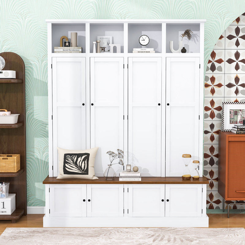 Hall Tree with Storage Bench, Hooks and Cabinets, White